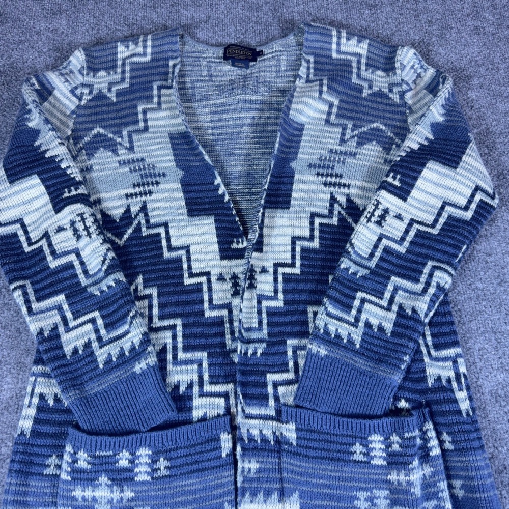 Pendleton Blue White Southwestern Geometric Longline Duster Cardigan Sweater S - Picture 3 of 16